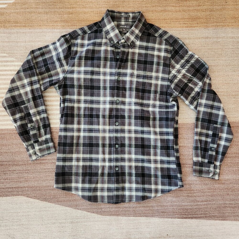 Gray plaid flannel Eddie Bauer shirt